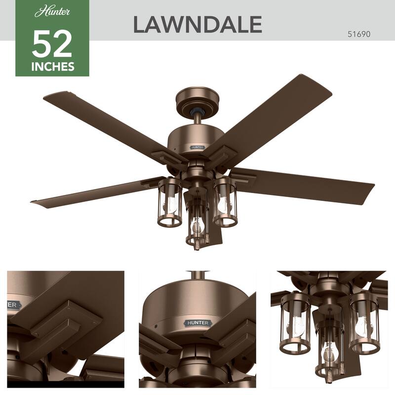 Hunter 52" Lawndale Ceiling Fan with LED Light Kit and Pull Chain, Damp-Rated - Indoor-Outdoor