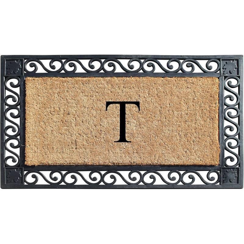A1HC Rubber and Coir Maple Leaf, Heavy Weight Durable Monogrammed Doormat, 23"X38" Black - T  