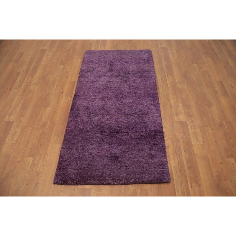 Hand Knotted Oriental 100% Wool Carpet Modern Solid Purples Gabbeh Runner Rug - 4' 7'' X 2' 4''