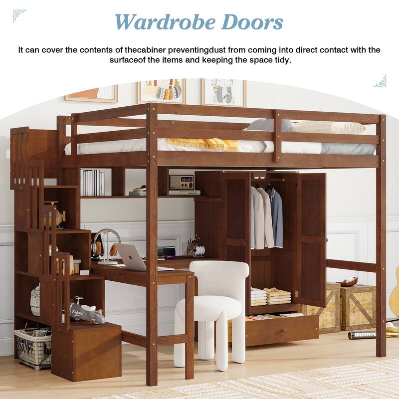 Full Size Loft Wood Bed with Desk, Book shelves and Wardrobe with Doors and Drawer, Built-in Staircase with Storage Shelves