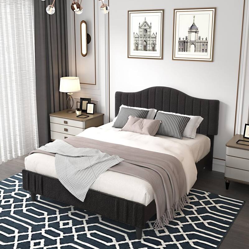 VECELO Upholstered Bed Frames, Platform Beds with Height Adjustable Teddy Fabric Headboard, 7.9'' Under Bed Space