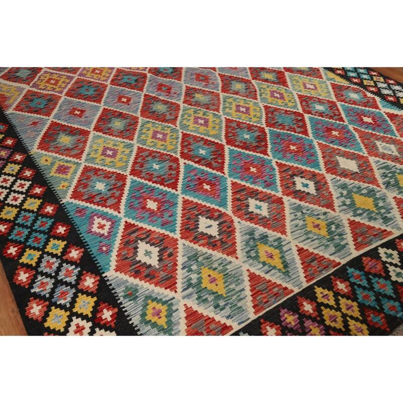 Reversible Oriental Kilim Area Rug Hand-Woven Multi-Color Wool Carpet - 8'3" x 9'8"