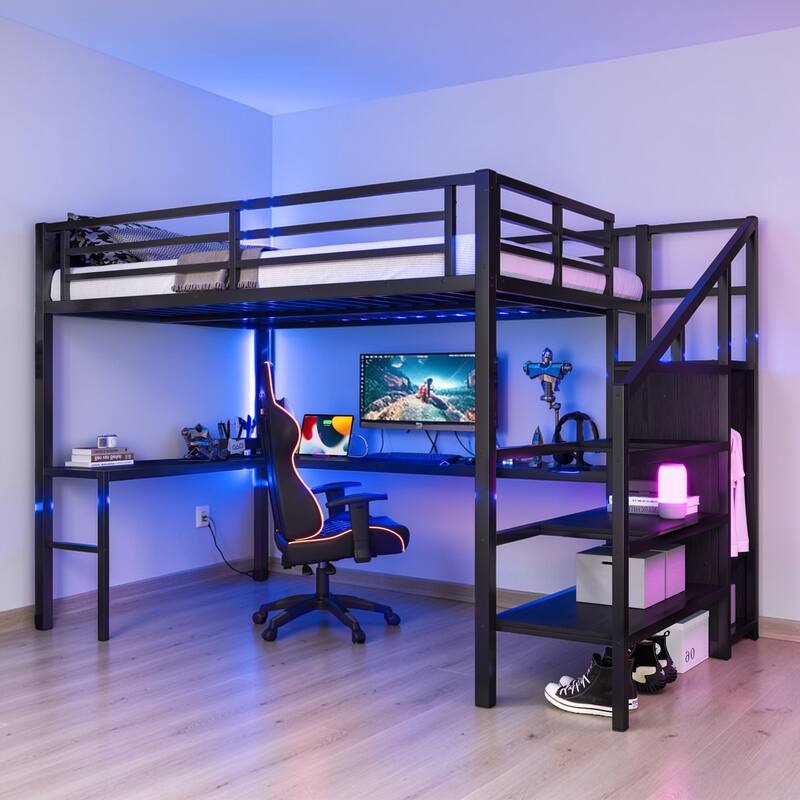 Twin XL/Full XL Metal Loft Bed with L-Shaped Desk, USB, LED Lights, Wardrobe & Storage Stairs for Kids/Teens/Adults