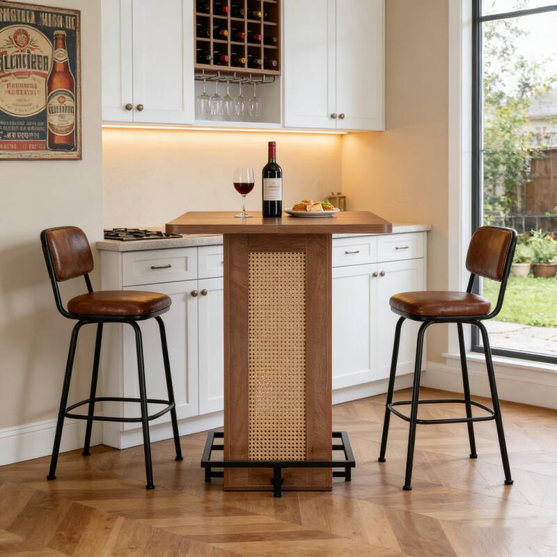 31.5" Square Rattan Bar Height Table With Industrial Metal Footrest