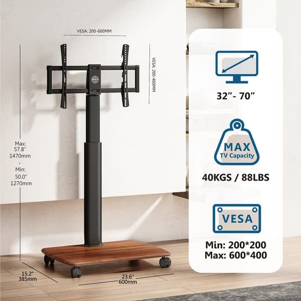 FITUEYES tv standaard verrijdbaar met hout-voet voor 32-70 inch, Draaibaar & Hoogte verstelbaar universal tv stand, vloerstandaard op wielen Max VESA 600x400mm wit