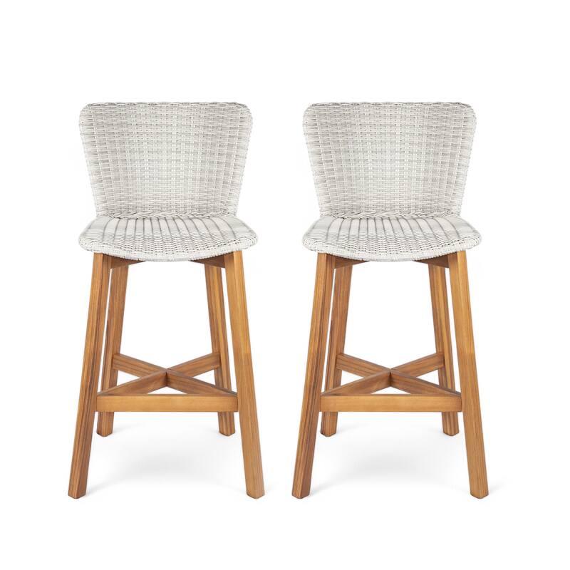 Roomfitters Lymington Outdoor Acacia Wood Barstools with Wicker Seat, Teak Finish and Light Brown Set of 2 - Grey