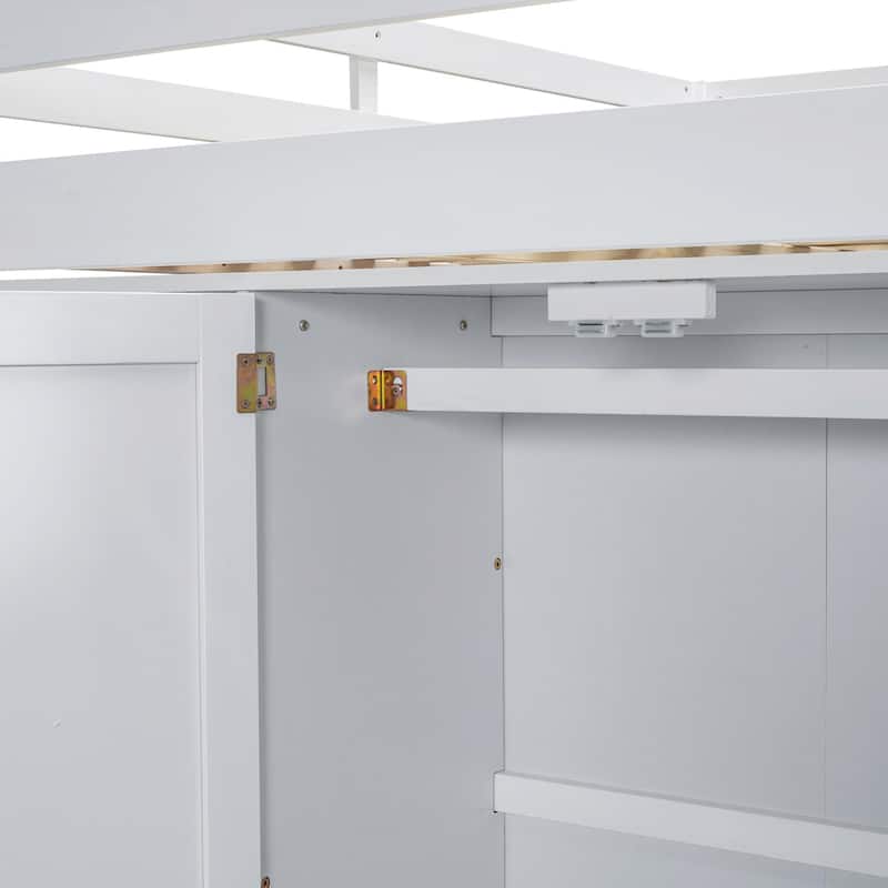 Full Size Loft Bed with Wardrobe, Desk, Storage Shelves, and Drawers