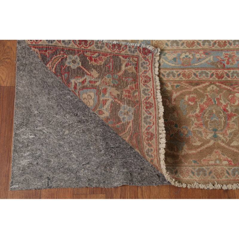 Distressed Mashad Persian Vintage Rug Hand-Knotted Floral Wool Carpet - 8'10"x 13'10"