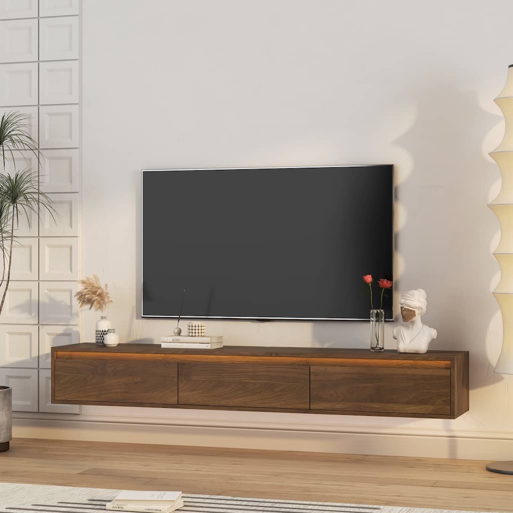 Floating TV Stand, High Gloss TV Cabinet Media Console with LED Lights & Power Outlet
