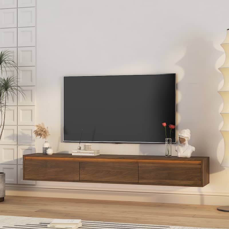 Modern Floating Wall-Mounted TV Stand High-Gloss TV Stand with LED Lights and Power Outlet, for Living Rooms