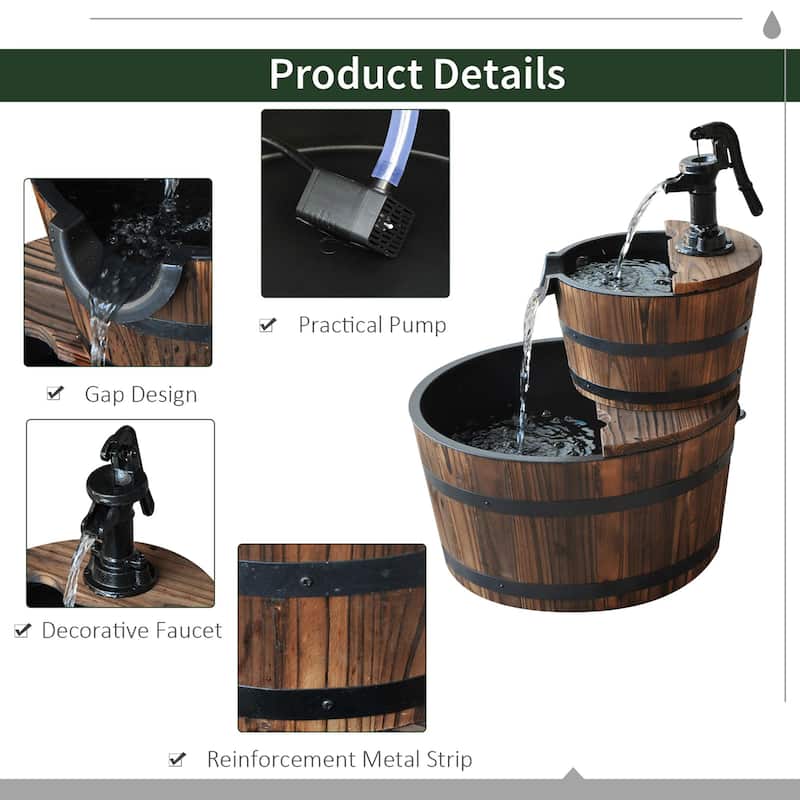 Outsunny Accent Two-Tier Rustic Wooden Barrel Fountain