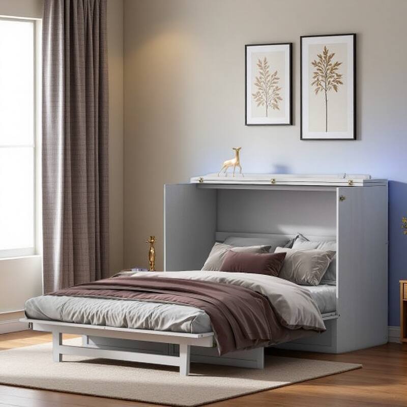 Full Size Murphy Bed with Storage Drawers, USB Ports, and Brushed White Finish, Space-Saving Design, Easy Assembly - White