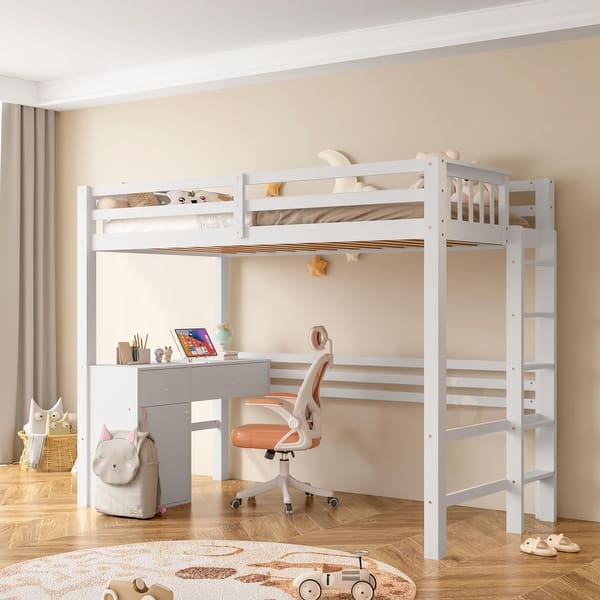 slide 2 of 13, SogesSleep Twin Over Twin Loft Bed With Built-In-Desk White - Twin