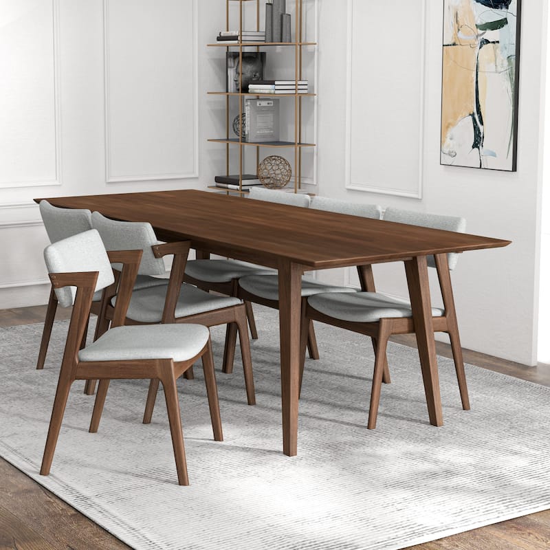 Ayven Mid-Century Style 7 Piece Solid Wood Dining Set in Walnut Brown