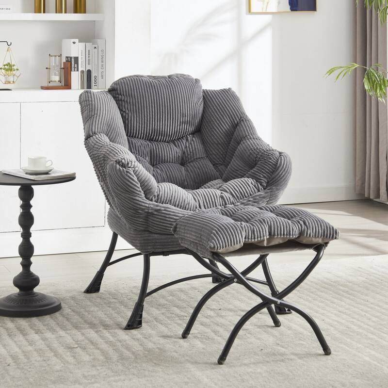 Modern Lounge Chair with Ottoman - Plush Reading Accent Chair with Footrest and Side Pocket - Grey