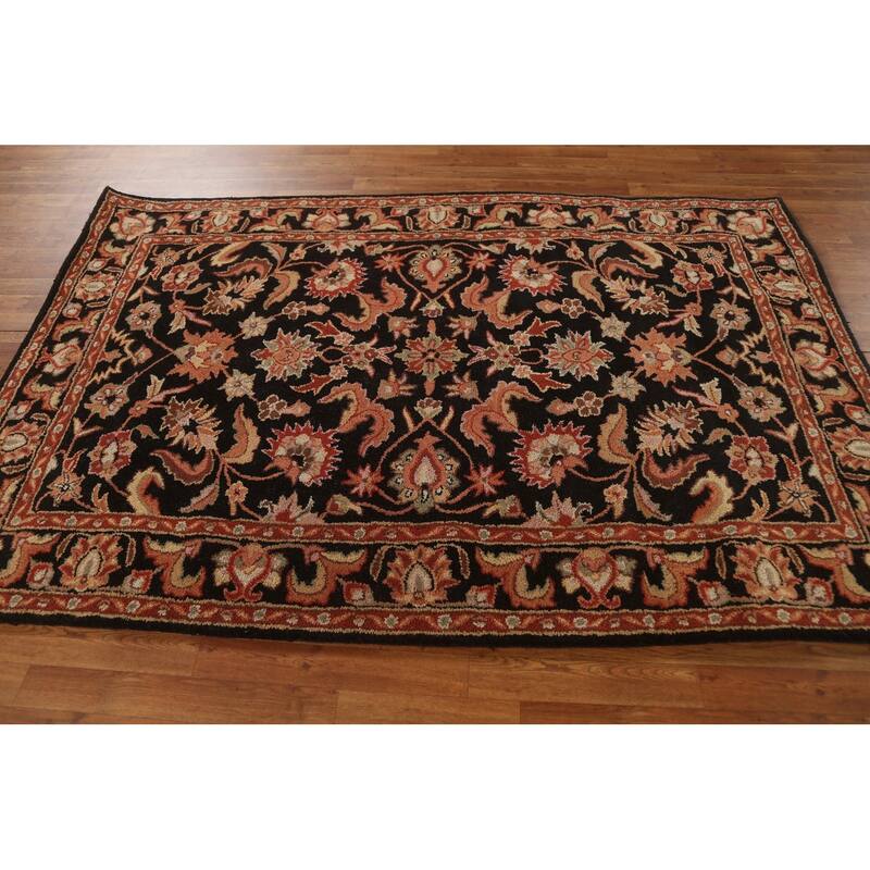 Black Floral Agra Oriental Wool Area Rug Hand-tufted Foyer Carpet - 5'2" x 7'10"