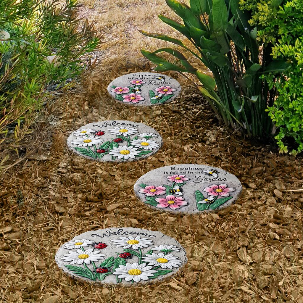 Glitzhome 4-Piece Cement Flower Textured Stepping Stones Garden Decor - 10 in