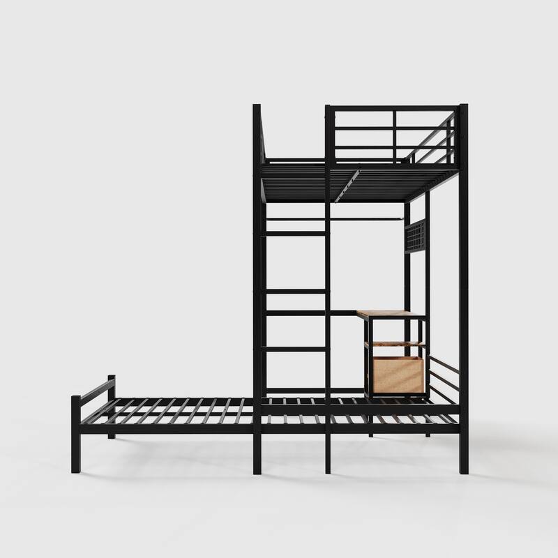Twin Over Twin L-Shaped Bunk Bed with Desk, Storage Shelves, Drawers & Ambient Lighting