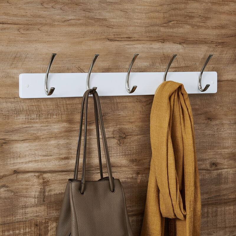 Melannco Wall Mounted Coat Rack with 5 Metal Hooks, 27X5 Inch, White