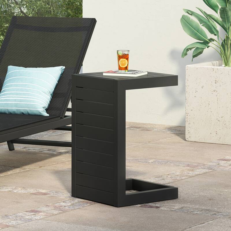 Roomfitters Modern Outdoor Side Table with Slatted Aluminium Frame, Weather-Resistant Accent Table for Patio