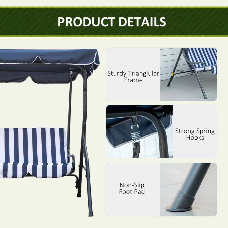 3-Person Patio Swing with Canopy, Steel Frame, Cushions, Armrests