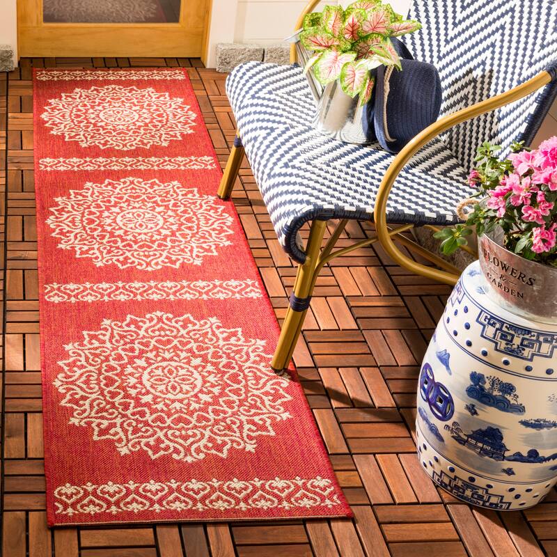 SAFAVIEH Beach House Angelien Indoor/ Outdoor Waterproof Patio Backyard Rug - 2'2" x 10' Runner - Red/Creme