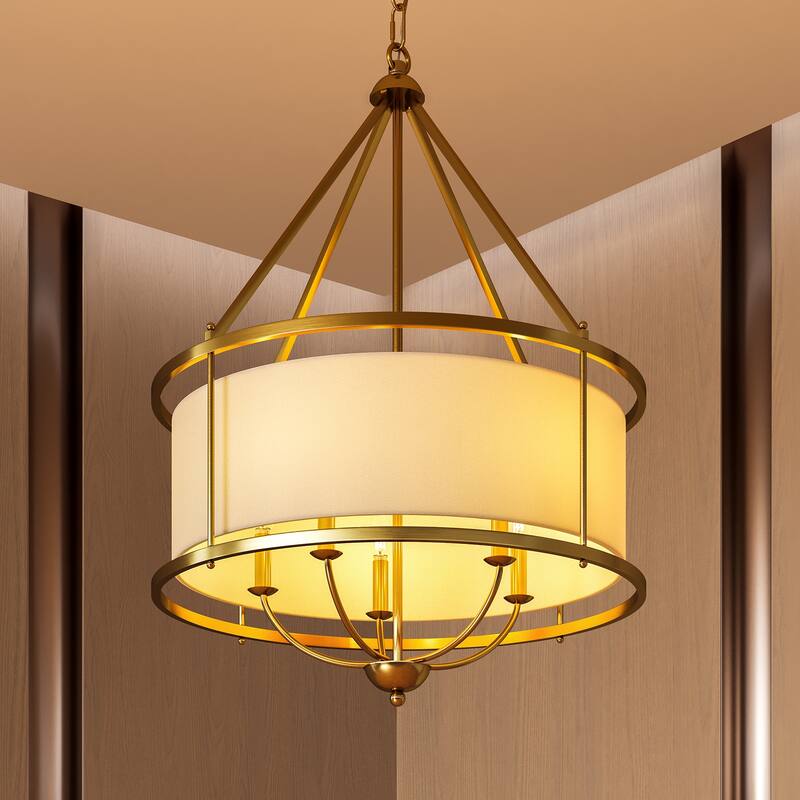 24-Inch Modern Luxury Drum Pendant Light with Adjustable Chain, Fabric Chandelier - Gold