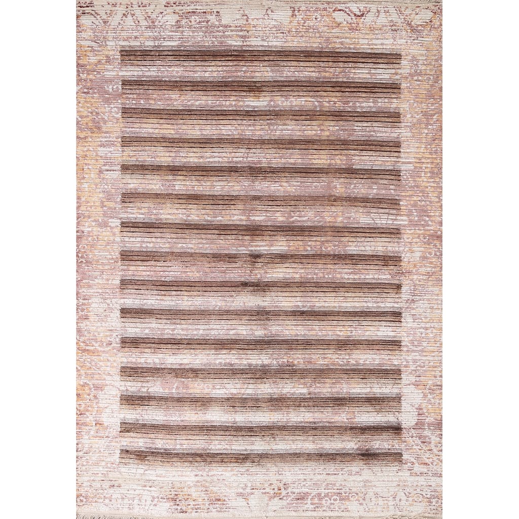 Striped Abstract Oriental Accent Rug Handmade Wool Carpet - 4'1"x 5'10"