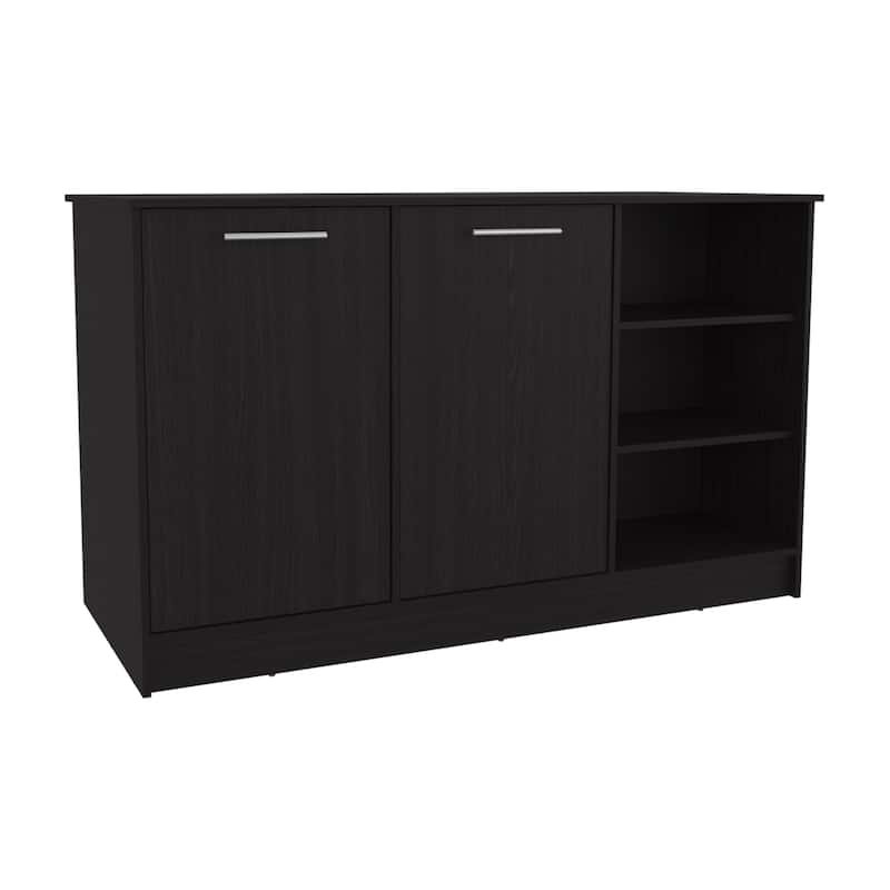 Ginger Kitchen Island, Three Open Shelves, Two Cabinets White / Dark Brown - Black