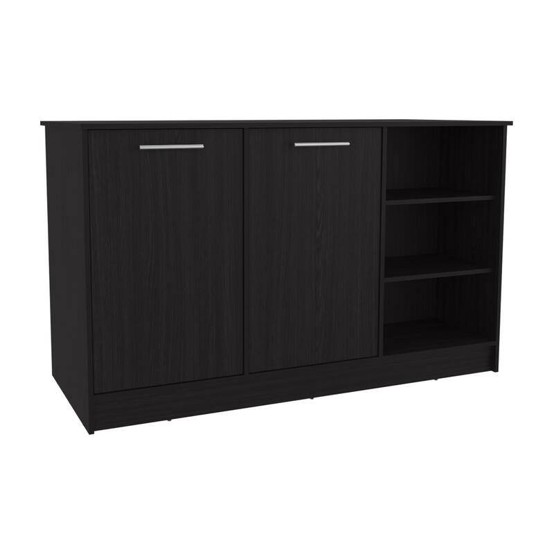 Stationary Kitchen Island with Large Prep Surface, Dual Cabinets, Hidden Shelving & Seating Clearance for Dining