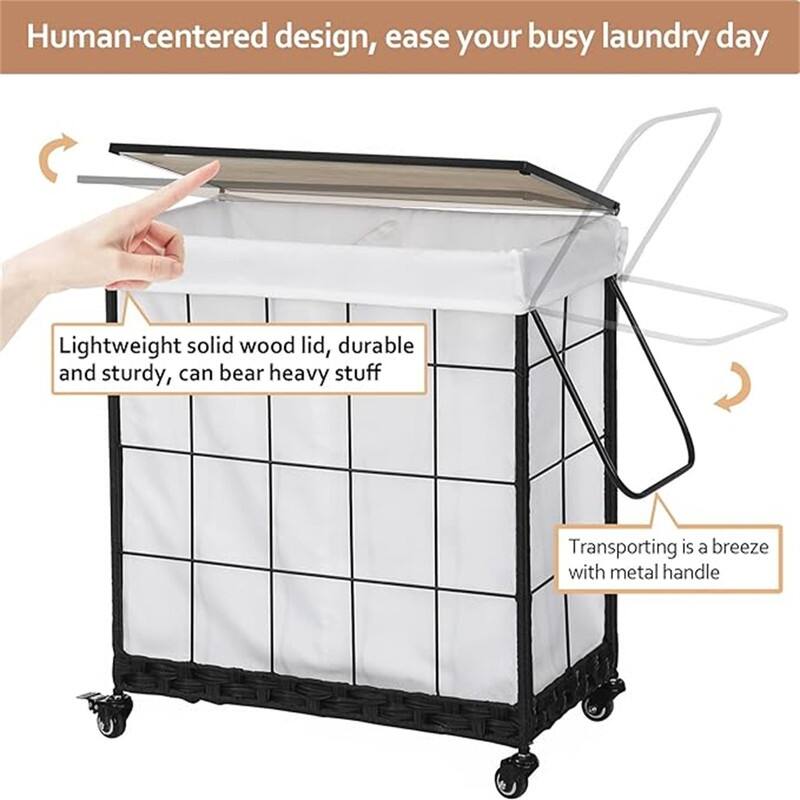 Durable Laundry Basket with Heavy Duty Rolling Lockable Wheels - 23.43"L x 13.58"W x 26.37"H