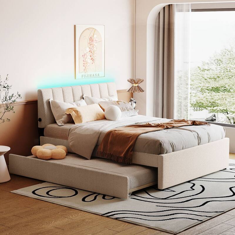 Upholstered Platform Bed with Trundle and LED Lights - Beige - Full