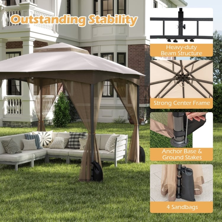 Heavy-Duty Patio Gazebo with Netting Walls and 4 Sandbags-Khaki