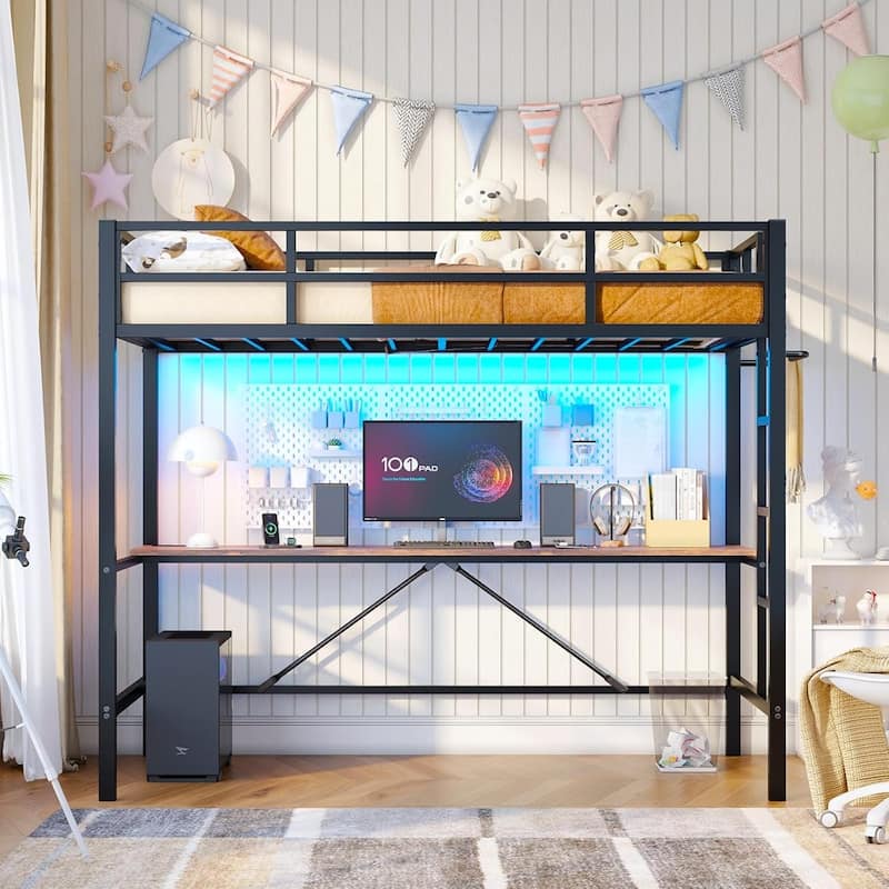 Loft Bed with Desk Gaming Bunk Bed LED Lights Charging Station