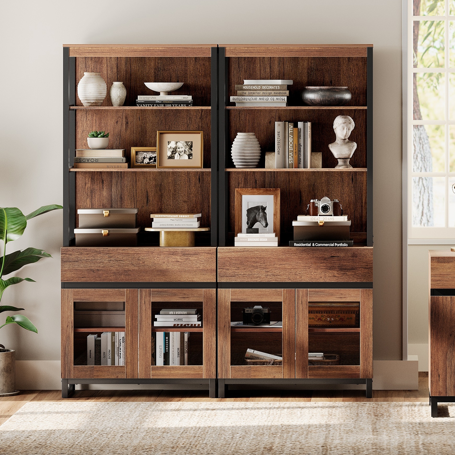 2 PCS Modern 72" Tall Buffet Cabinet with 2 Drawers and Open Shelves, Storage Cabinet for Dining Room or Kitchen