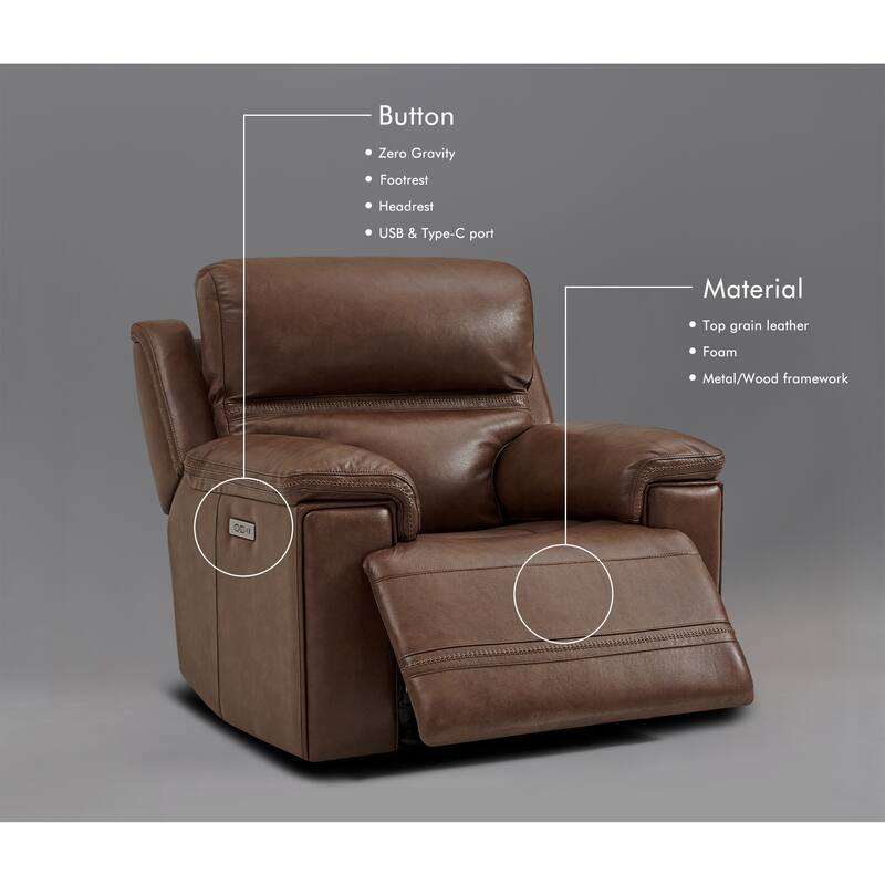 Genuine Leather Power Recliner with Zero Gravity Dual Power Adjustable Headrest & Footrest USB Type-C Charging Ports