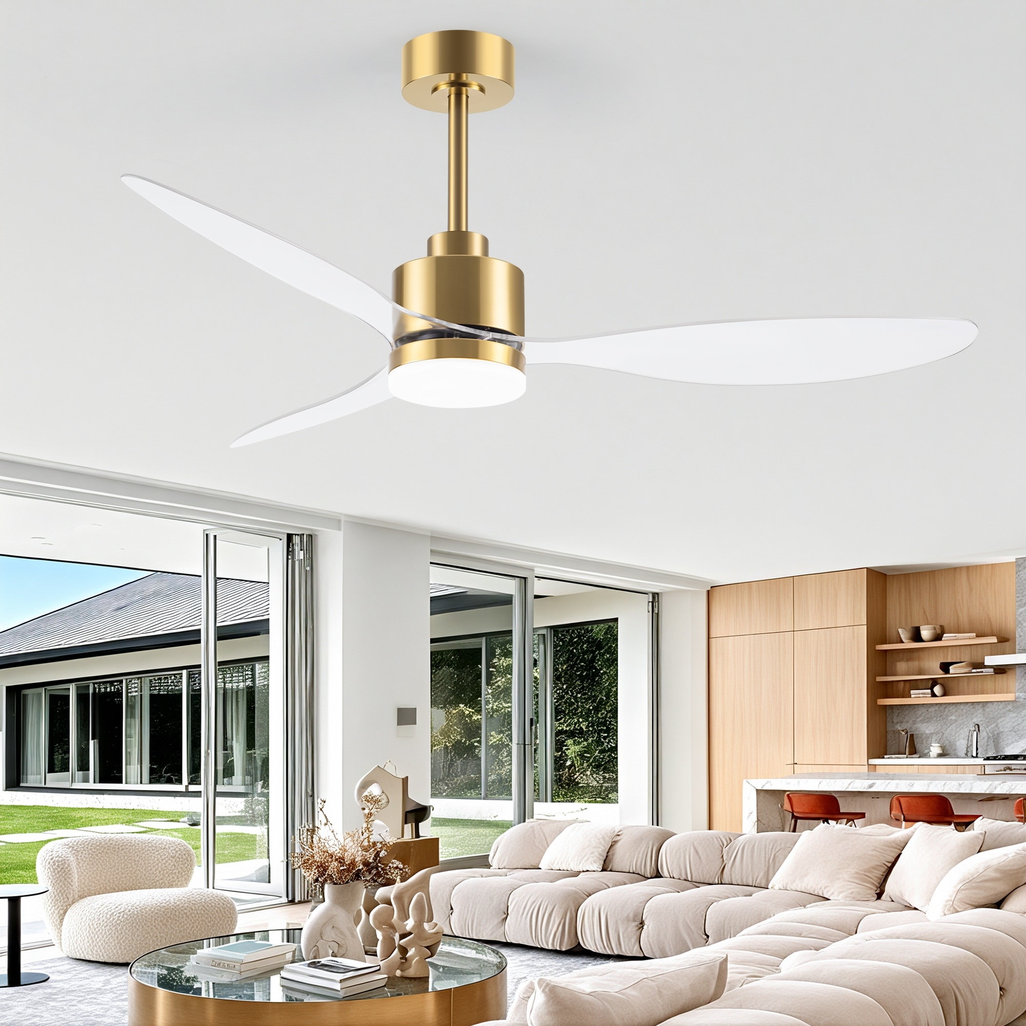 52-Inch Modern 3-Blade Ceiling Fan with Light and Remote, Quiet Reversible DC Motor, 3CCT LED, Black/White/Gold/Transparent