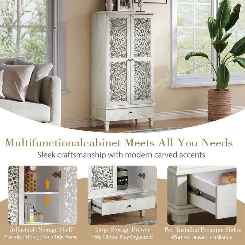 Carved Accent Cabinet Kitchen Pantry Cabinet with Doors, 55" Tall Storage Cabinet with Solid Wood Legs