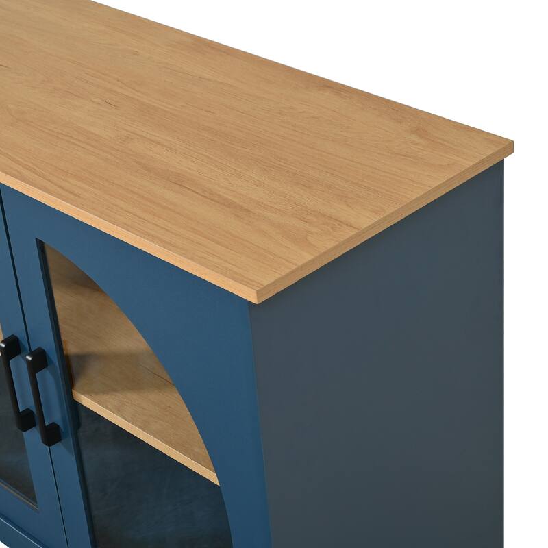 Farmhouse TV Stand with Semi-Arched Glass Doors for TVs Up to 70",Adjustable Shelves,Wood Grain Sideboard with Cable Management