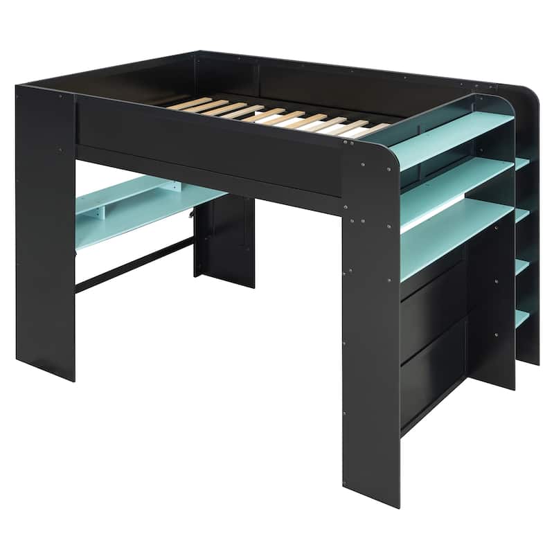 Next-Gen Gamer's Full Size Loft Bed with Adjustable Desk, RGB Lighting, Charging Ports and Storage Space