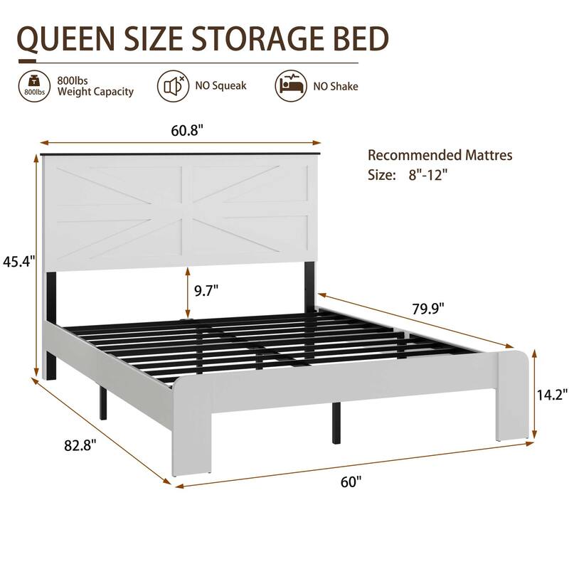 Full/Queen/King Size Platform Bed with Unique Headboard, White Metal Bed Frame, Large Under Bed Storage