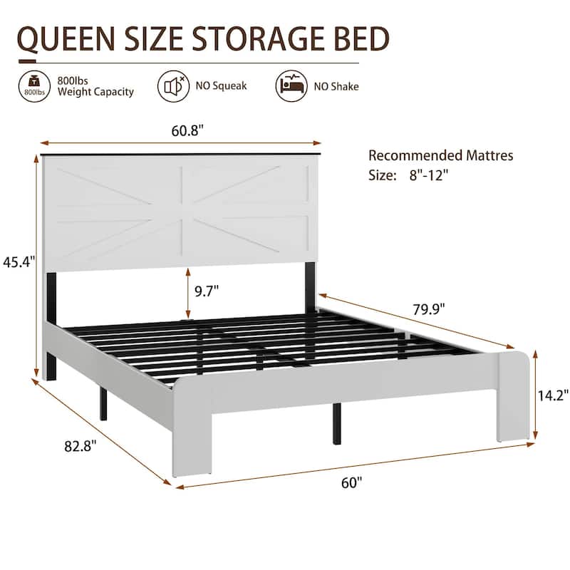 Wooden Bed Frame with High Headboard, Farmhouse Platform Bed Frame, Metal Slats Support, Noisy Free, Easy Assembly, White