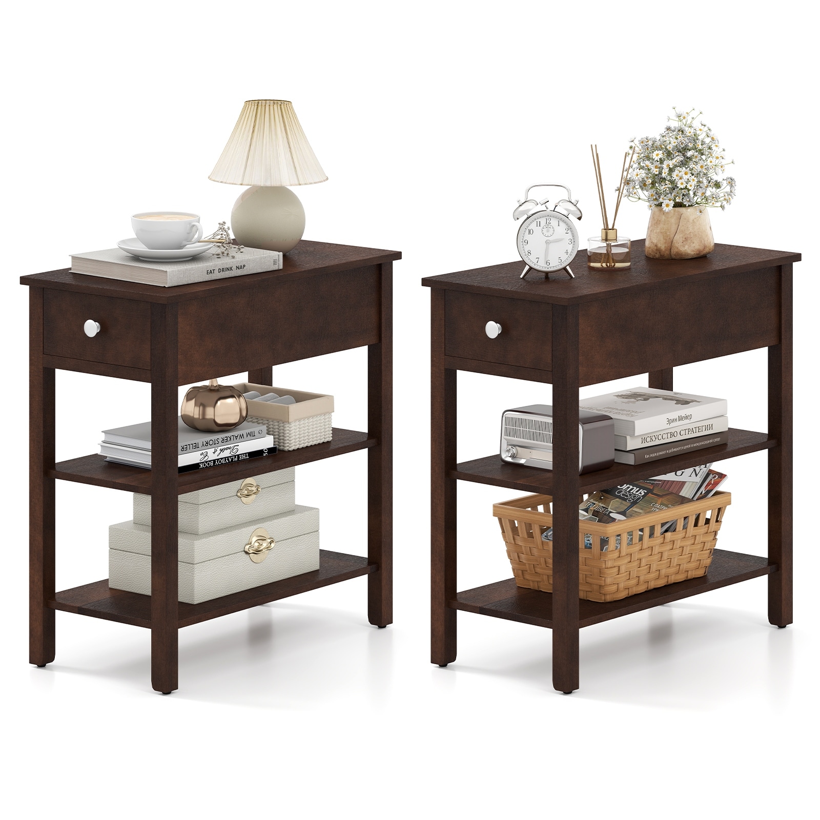 Gymax Set of 2 Narrow End Tables w/Drawer Shelves & Rubber Wood Legs