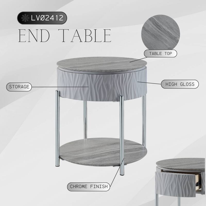 Yukino High Gloss & Chrome Finish End Table - MDF - Gray