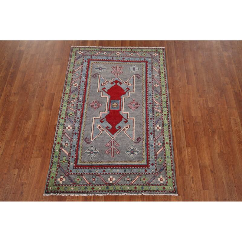 Kazak Accent Rug Hand-Knotted Grey Geometric Wool Carpet - 3'4" x 5'0"