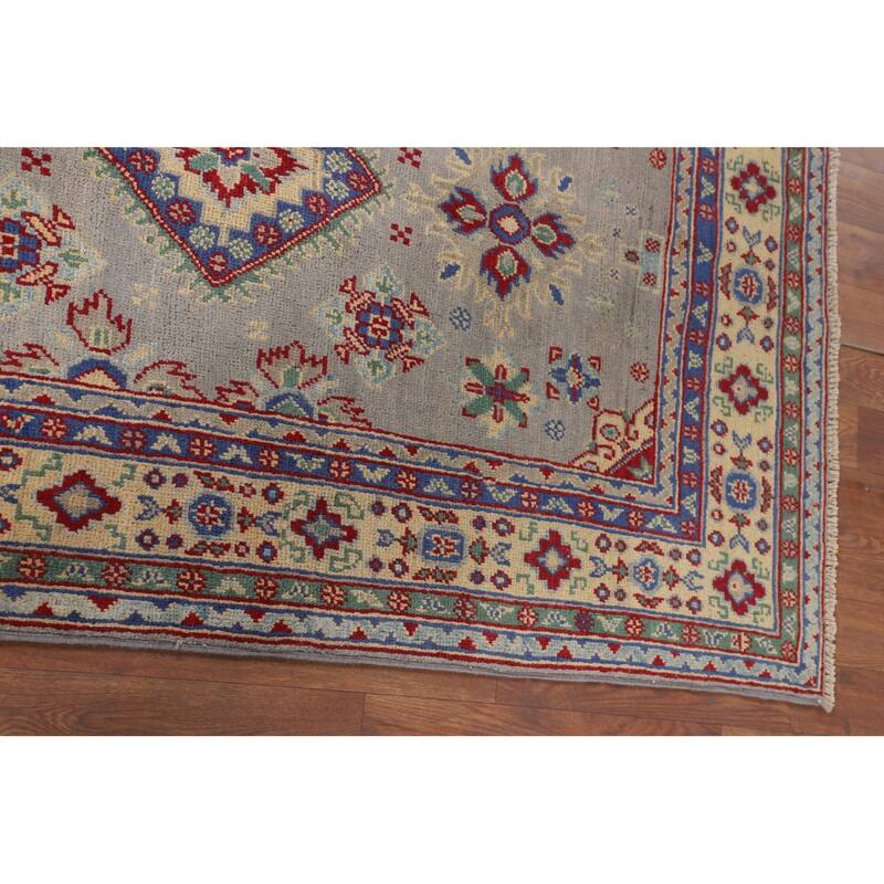 Gray Geometric Kazak Accent Rug Handmade Wool Carpet - 3'3" x 5'0"