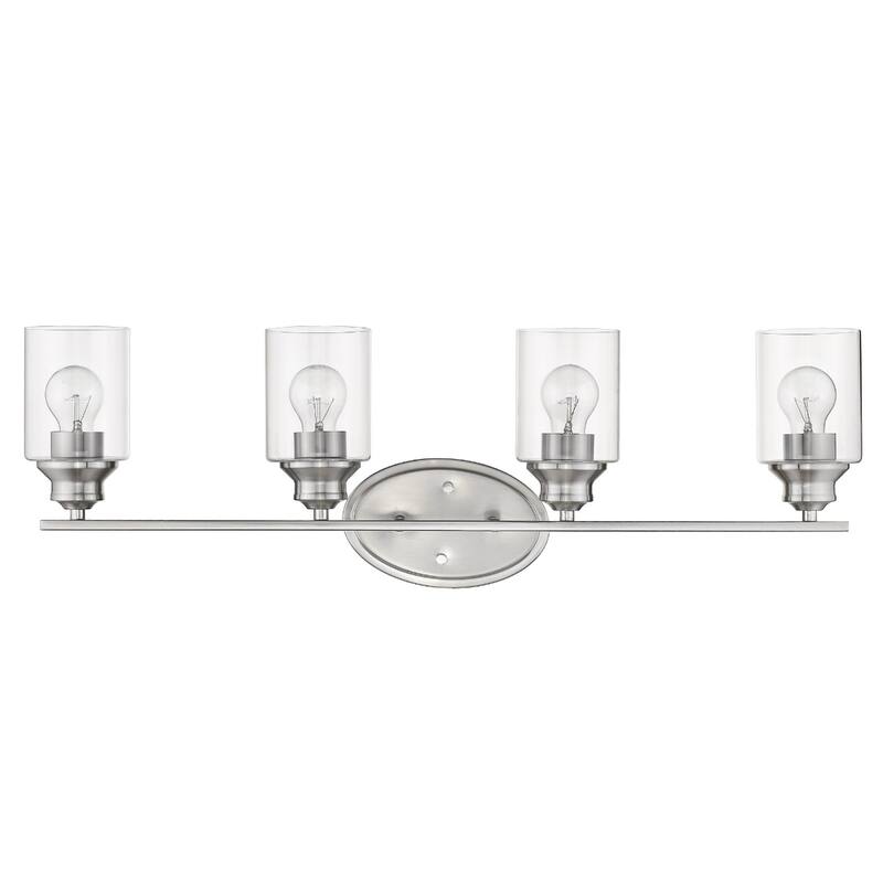 4-Light Silver Wall Vanity Fixture with Clear Glass Shades and Dimmable Damp Location Rated - 9.88" H x 31" W x 5.75" D