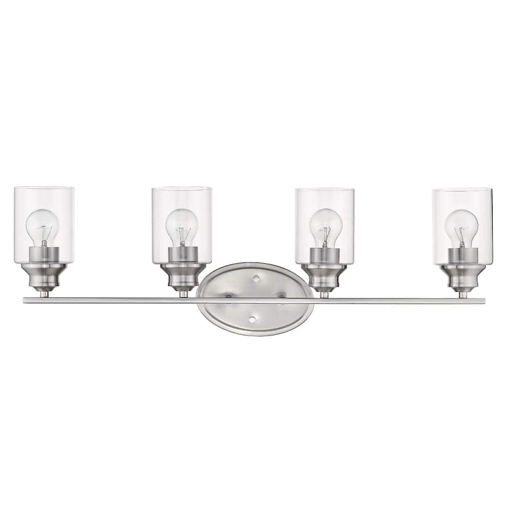 4-Light Silver Wall Vanity Fixture with Clear Glass Shades and Dimmable Damp Location Rated - 9.88" H x 31" W x 5.75" D