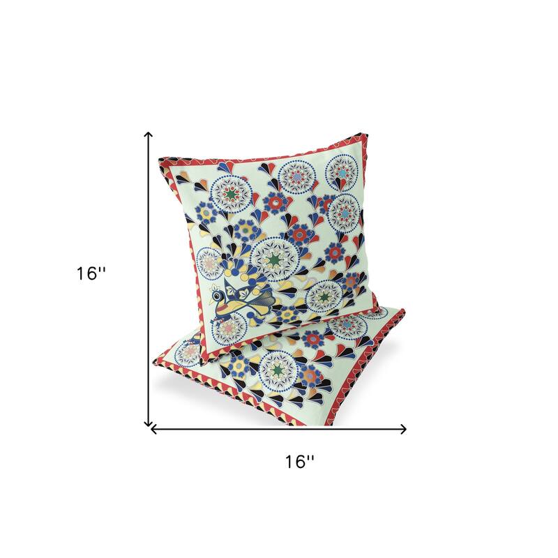 HomeRoots Set of Two 16" X 16" Green and Red Peacock Blown Seam Floral Indoor Outdoor Throw Pillow - 16.00' X '16.00' X '5.00