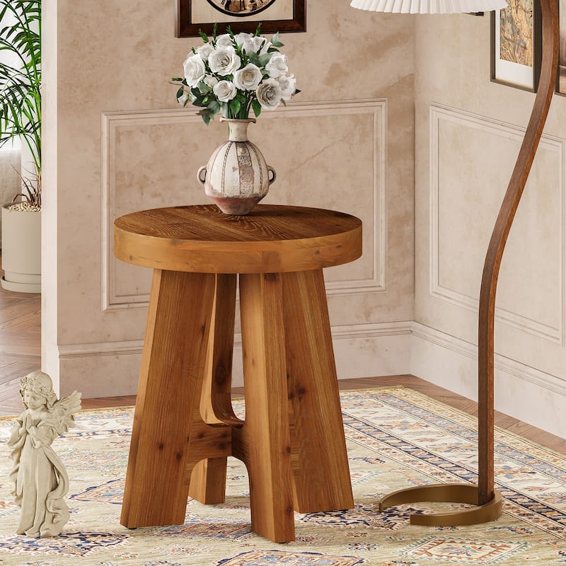 Round Solid Wood End Table, Couch Side Bedside Accent Table for Bedroom Living Room